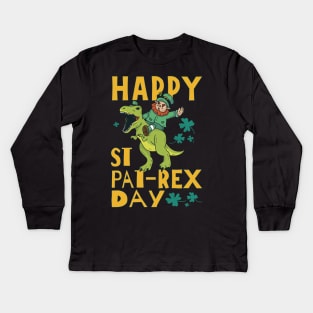 Happy St. Pat-Rex Day Leprechaun Riding T-Rex Dinosaur for St. Patrick's Day Kids Long Sleeve T-Shirt